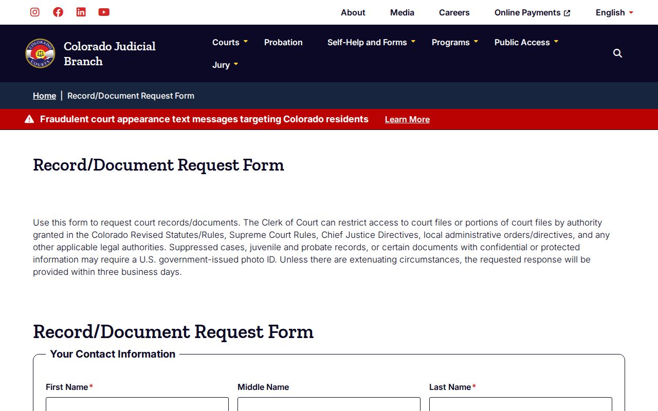 Colorado court record request form for Saguache County warrant records