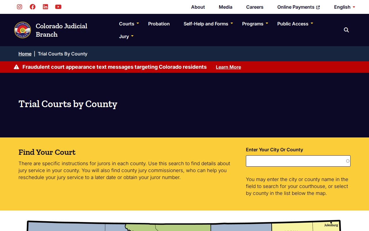 Saguache County arrest warrant state and local court map